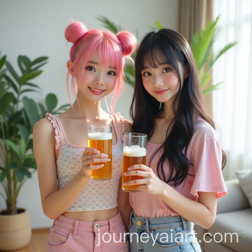 Two-Asian-Girls-in-Playful-Fashion-Sharing-a-Beer-in-Modern-Living-Room
