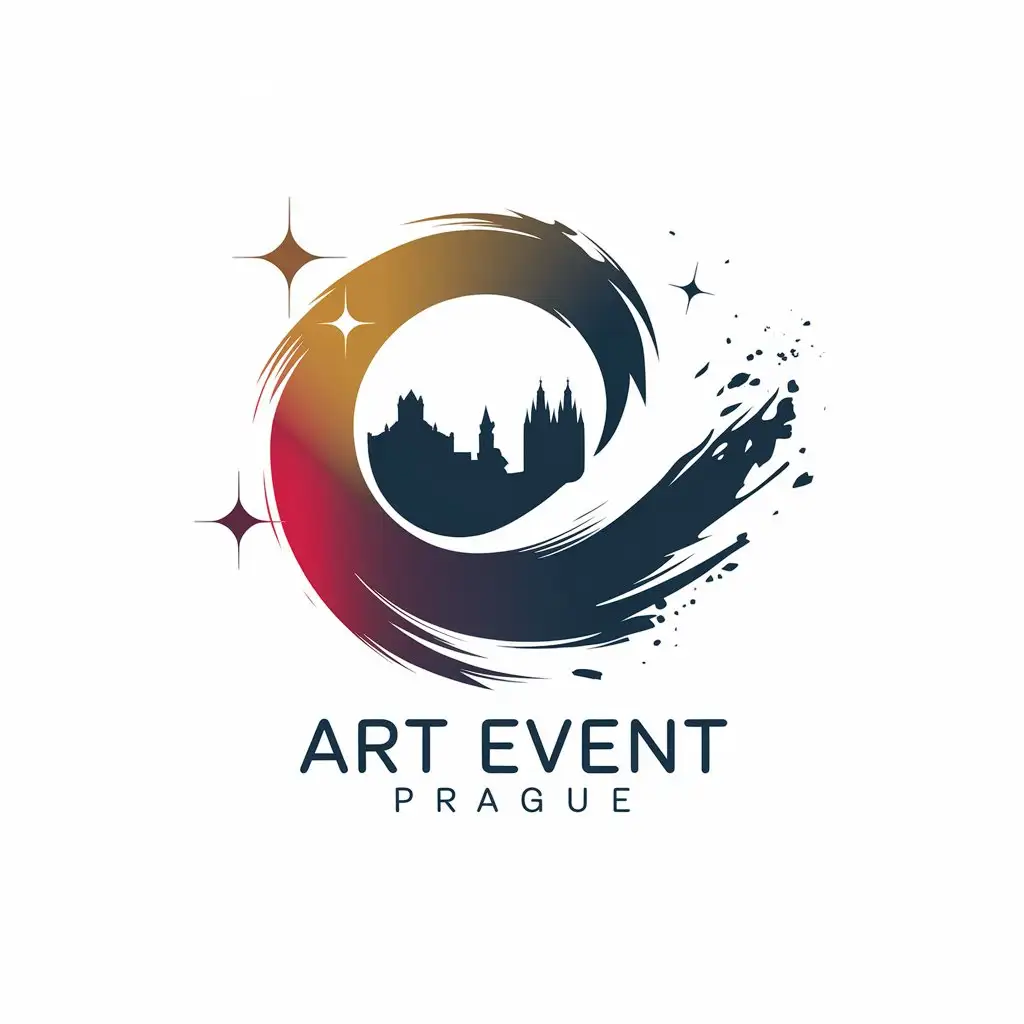 LOGO Design for Art Event Prague Abstract Swirl Brush Stroke Prague Skyline with Sparkles and Elegant Curves