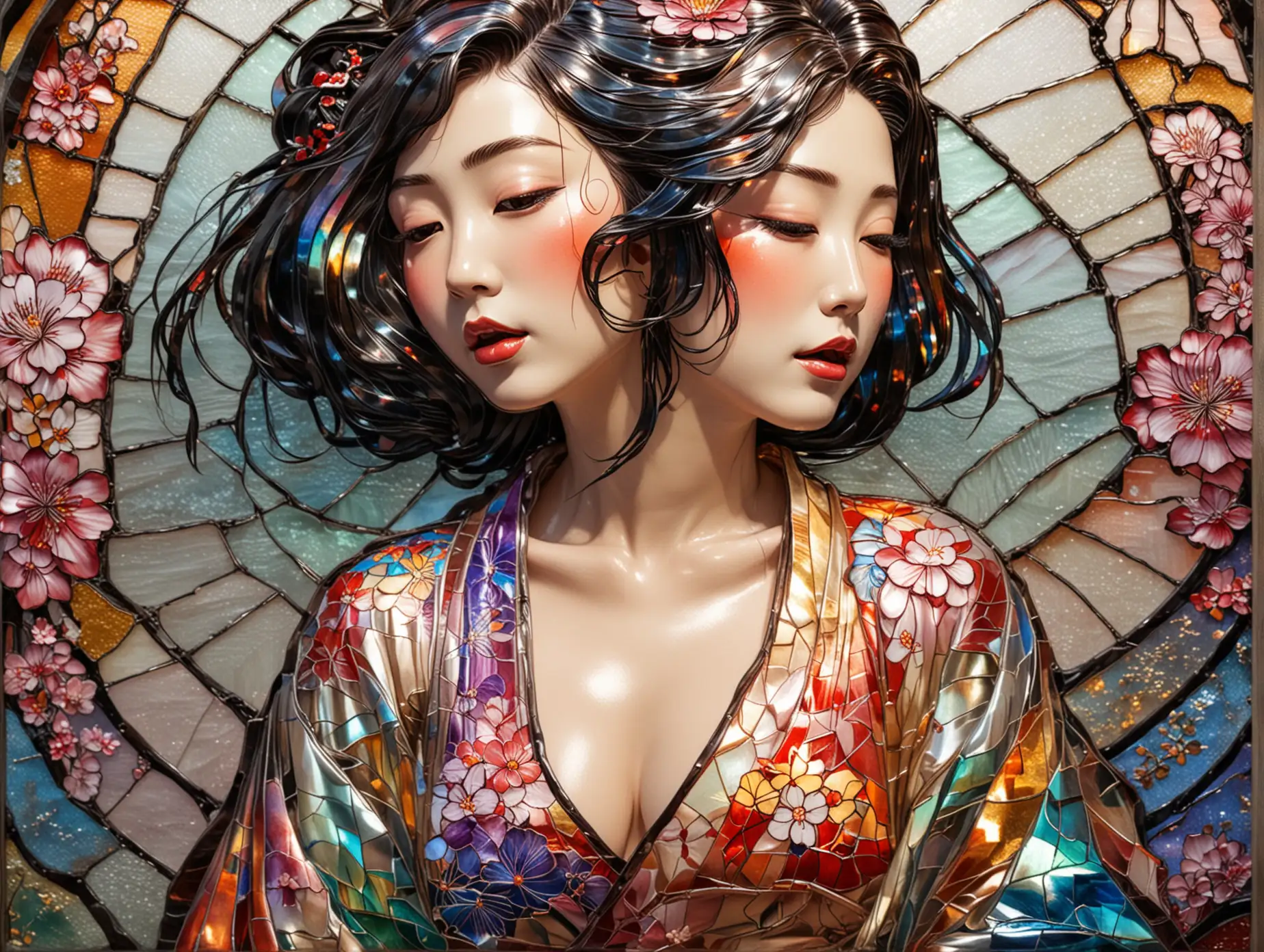 Stained bright iridescent glass art of naked Japanese woman wearing kimono.