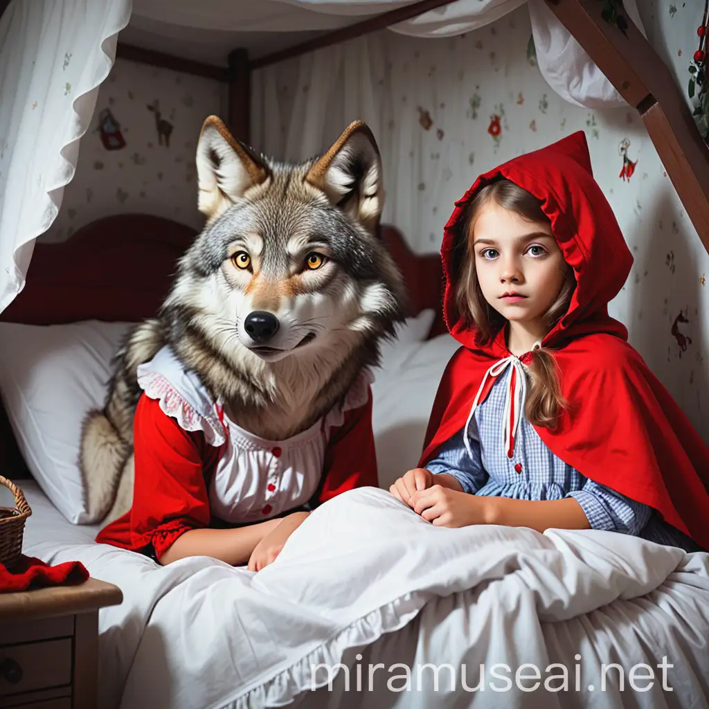 Wolf in Grandmas Clothing Beside Little Red Riding Hood