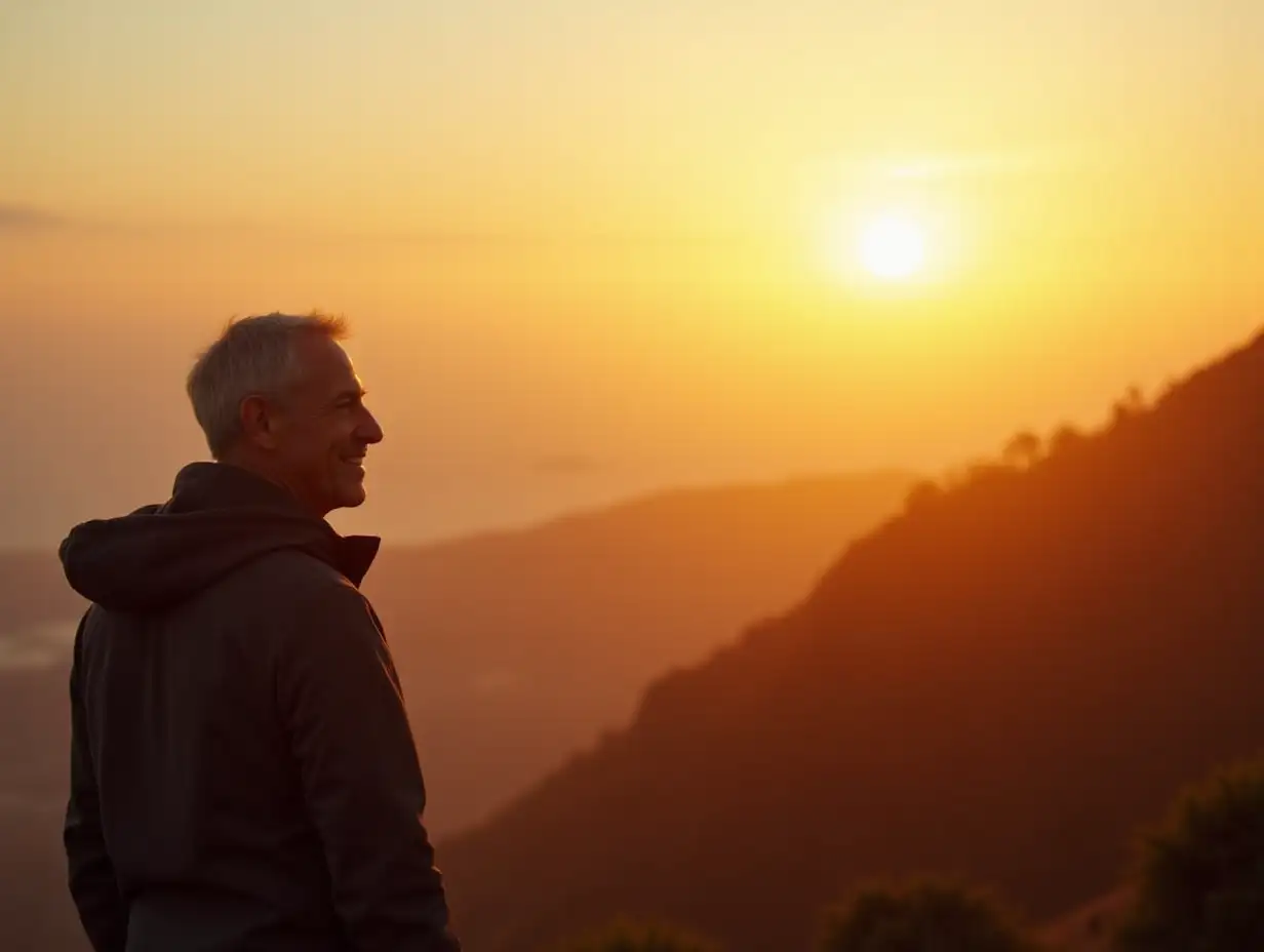 (Visual: A middle-aged man is standing on the mountaintop, gazing into the distance, with a peaceful and profound smile on his face, and the sun is rising behind him, radiant rays, symbolizing rebirth and hope.)