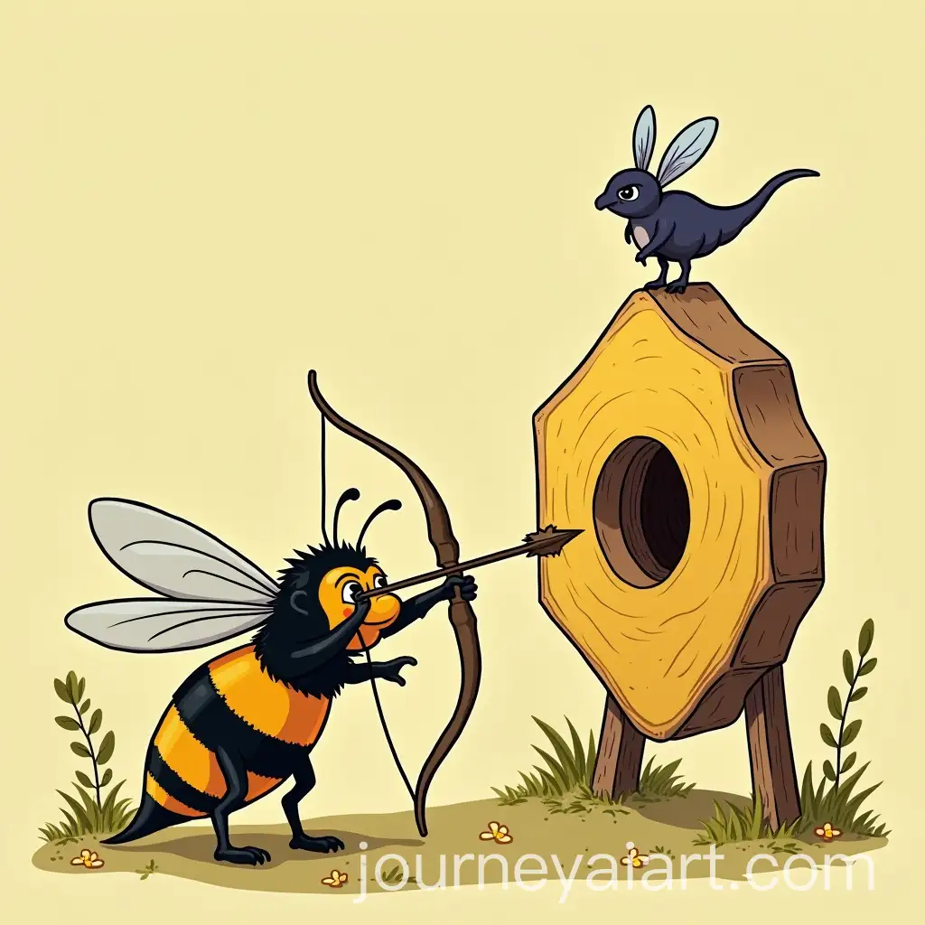 Cartoon-Bee-Archer-Aiming-at-Octagonal-Hive-Target-with-Snake-and-Bat-Archers