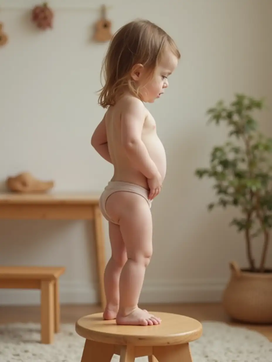 Skinny-Girl-Standing-on-Stool-in-Playroom-with-Bare-Skin-and-Visible-Legs