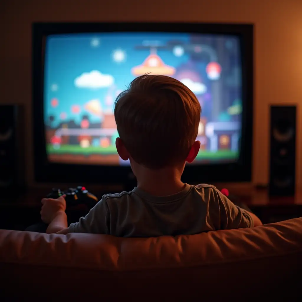 A little boy of four years old with his back to a television playing video games, all with a retro look