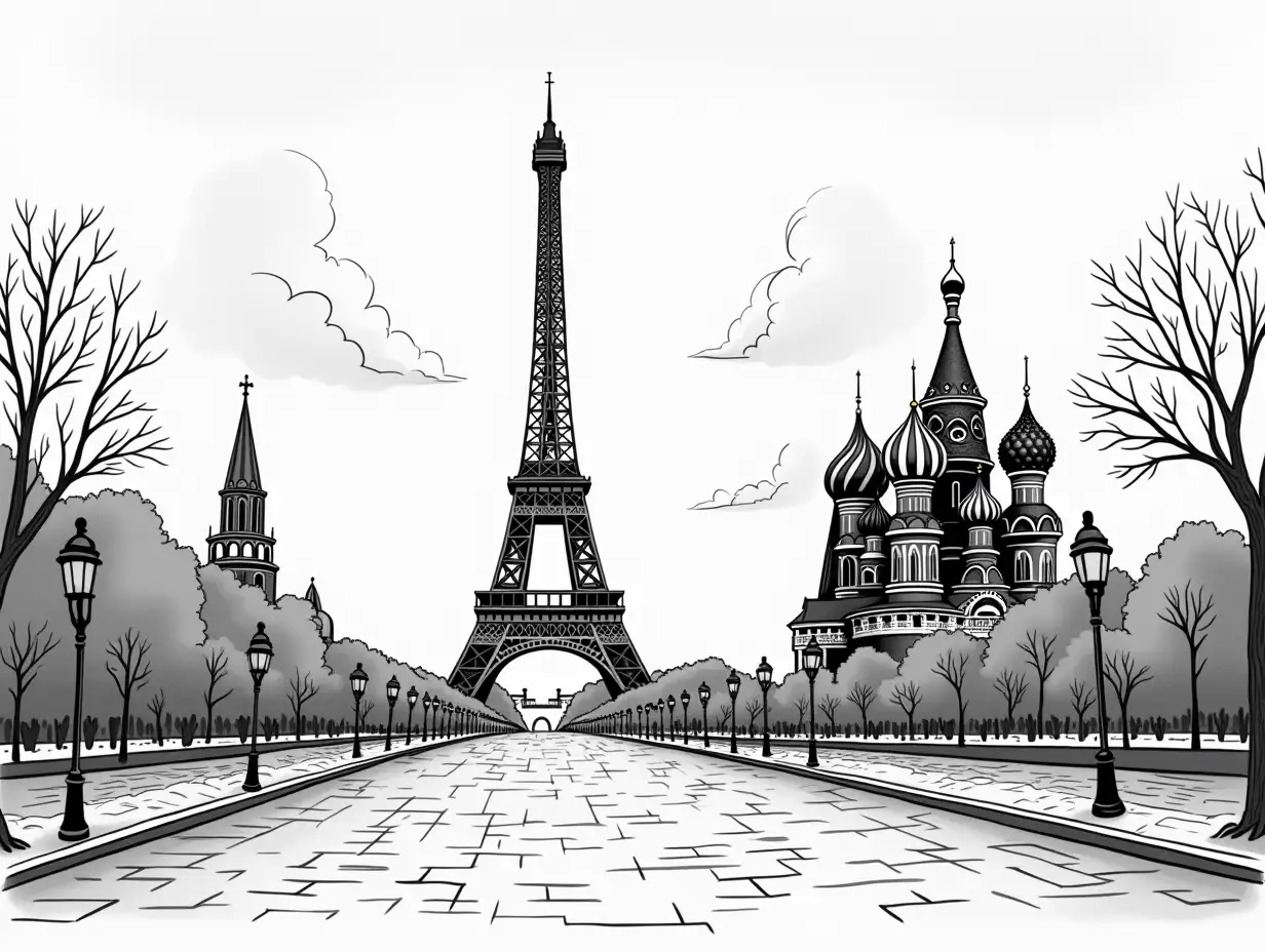 old cartoon black and white style paris and moscow devided on both sides