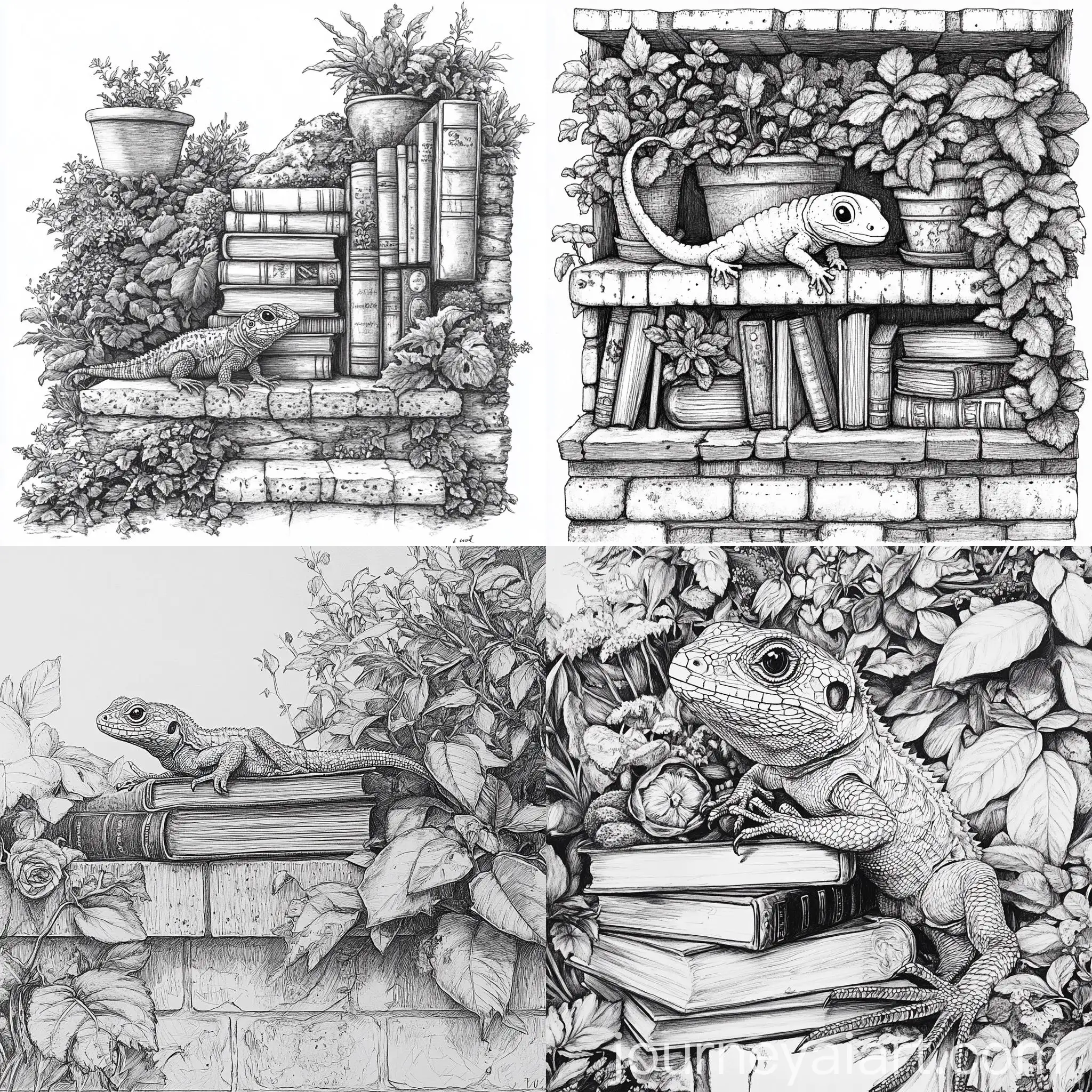 Happy-Baby-Lizard-on-House-Wall-with-Plants-and-Books-Pencil-Drawing-Style