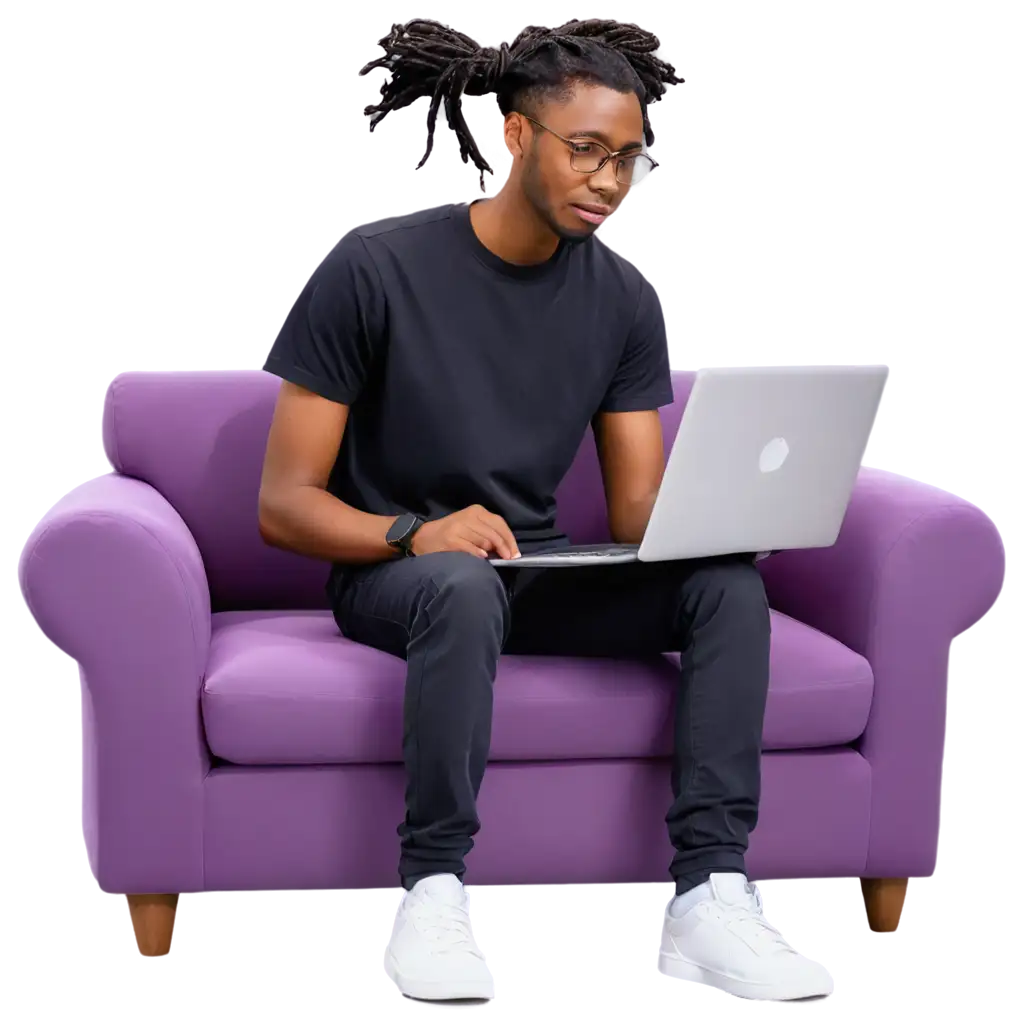 Young-Black-Man-Sitting-on-Purple-Sofa-with-Laptop-Cartoon-Style-PNG-with-Transparent-Background