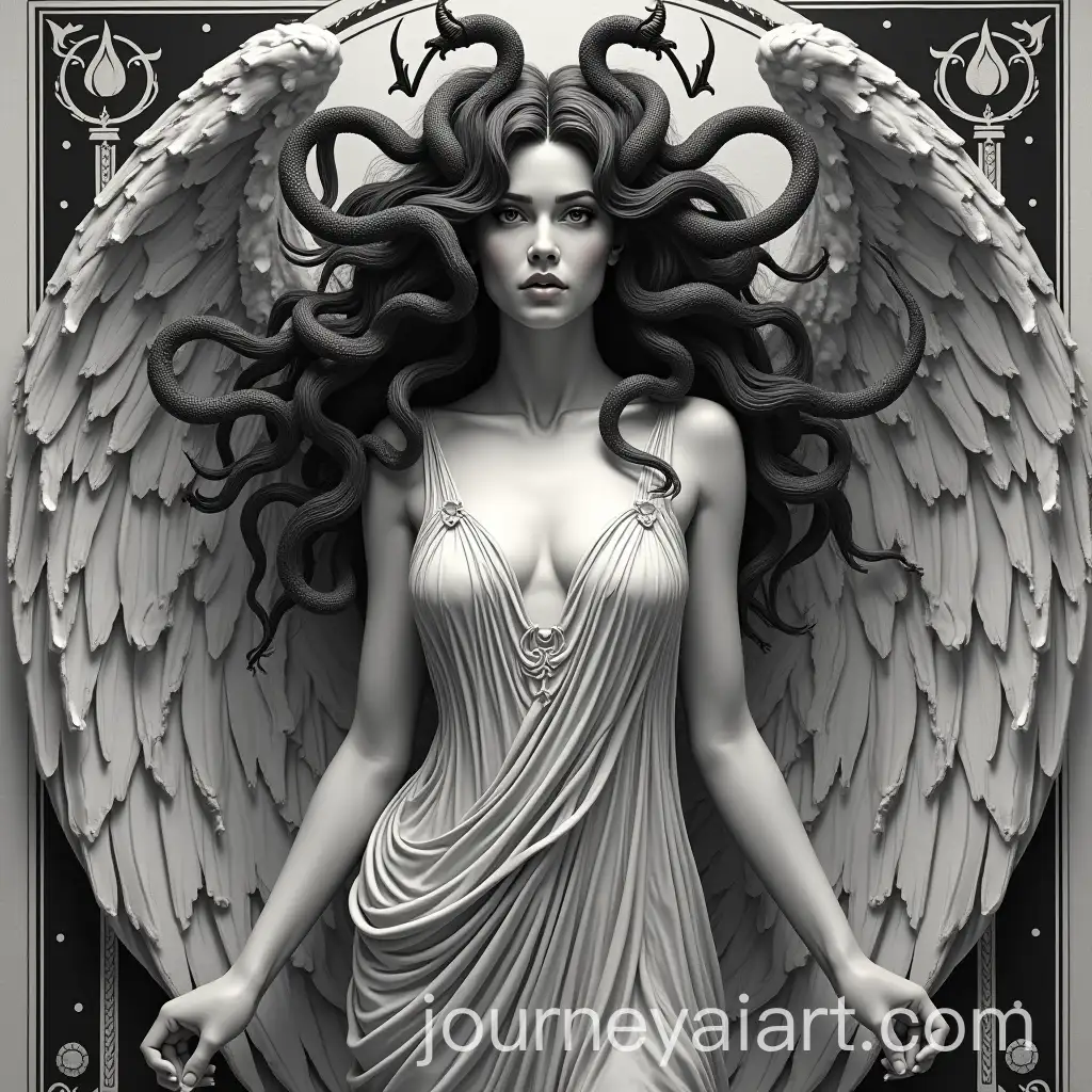 Greek-Goddess-with-Snake-Hair-and-Demon-Wings-in-Art-Nouveau-Style-Black-and-White-Portrait