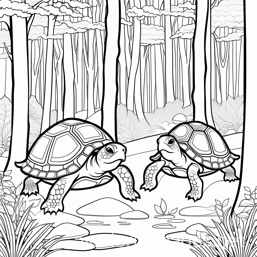 Cartoon-Turtle-Characters-Playing-in-Forest-Coloring-Page