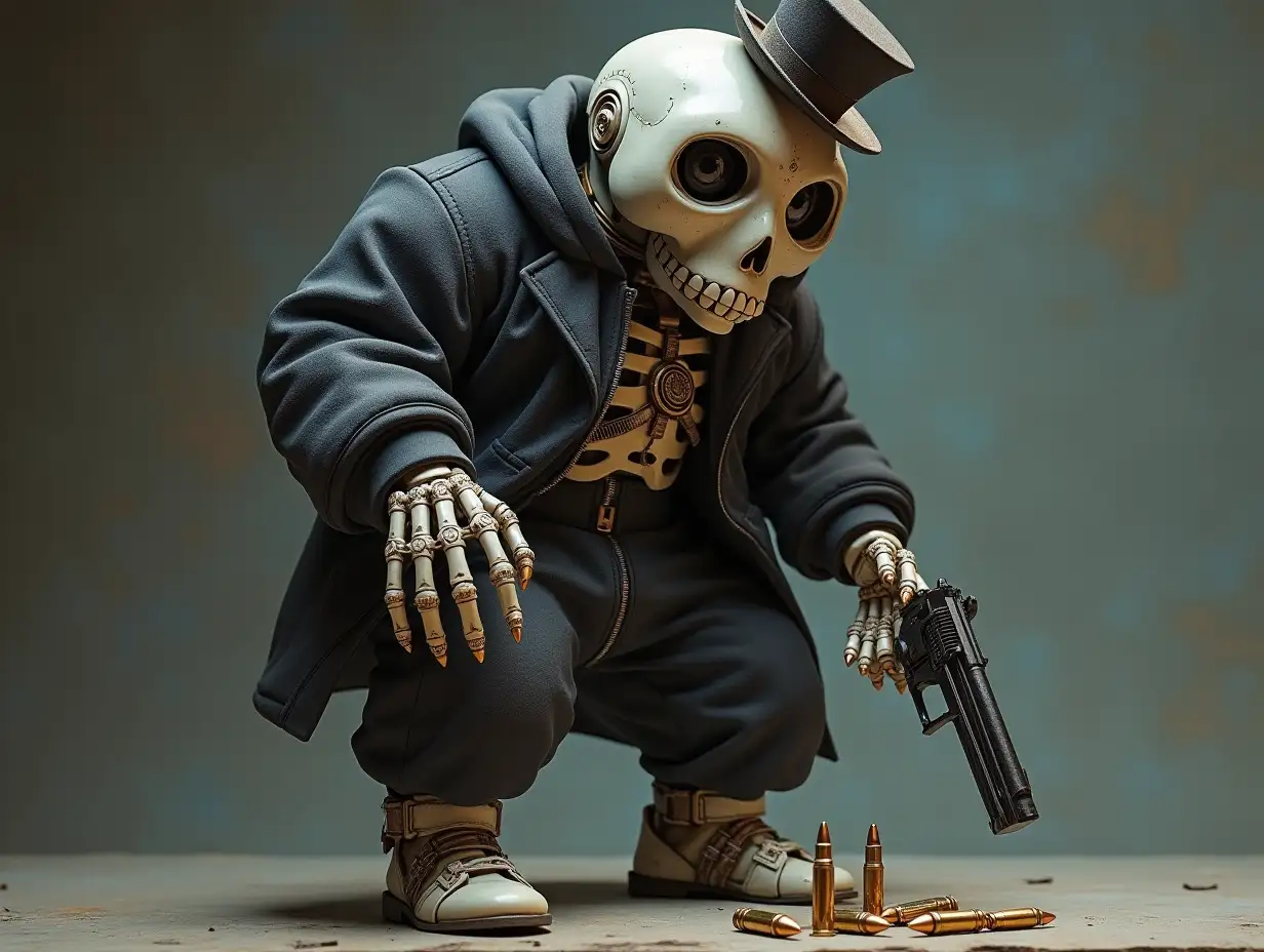 Create a high-resolution, realistic image of a robot with a skeleton body, porcelain hands and head, a fashionable tracksuit, a Steampunk top hat and a pistol and bullets on the ground at 4K resolution (Steampunk 8K quality)