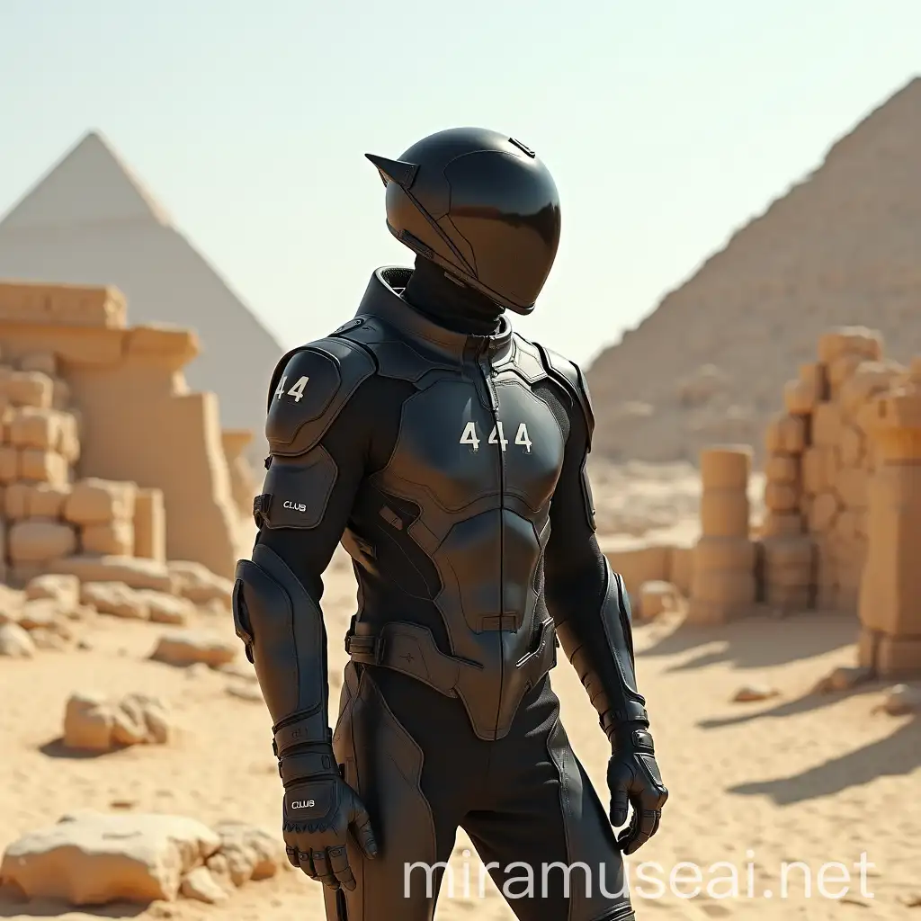 Futuristic Biker in 444CLUB Moto Suit amidst Desert Pyramid Ruins