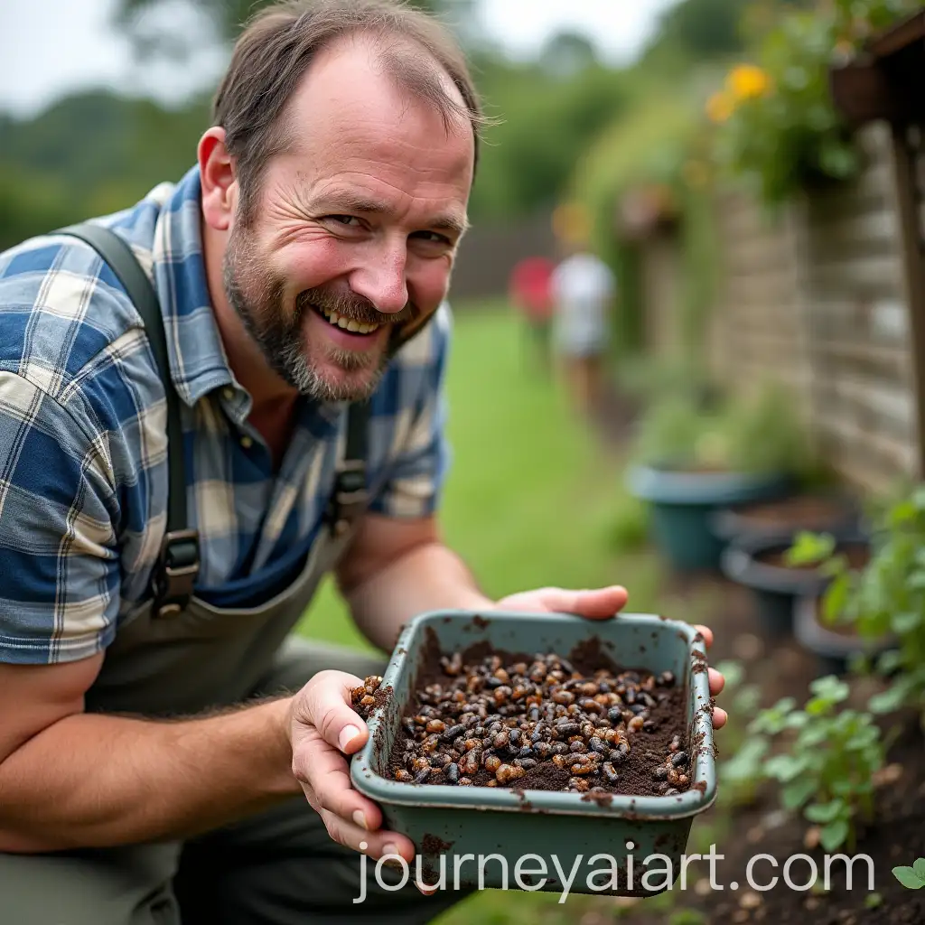 Gardener-Sharing-Collected-Slugs-with-Neighbor-in-a-Garden