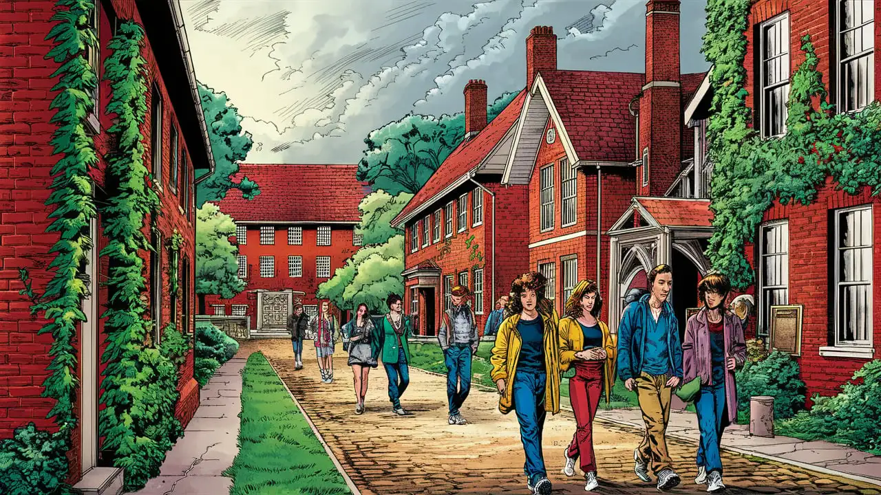 Vintage Comic Book Drawing of a Small College in the 1980s