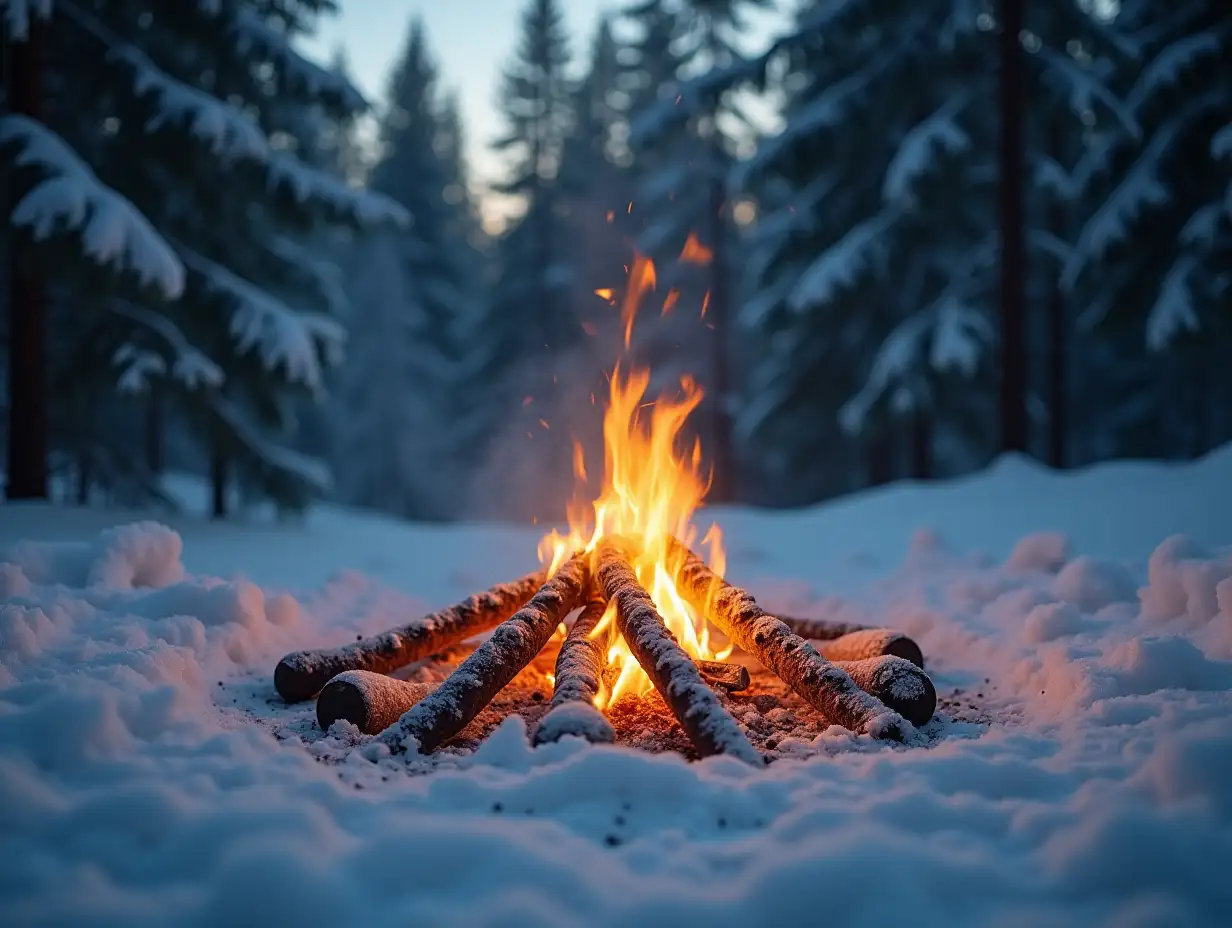 A glowing campfire crackles warmly in the middle of a snowy, quiet forest. The flames cast a soft orange light, illuminating the nearby snow-covered trees and frost-covered ground. Around the fire, the surrounding winter forest is peaceful, with tall pines dusted in snow, their branches heavy and still. The air is crisp, and the contrast between the warmth of the fire and the cold, serene winter landscape creates a cozy, inviting atmosphere amidst the quiet wilderness.