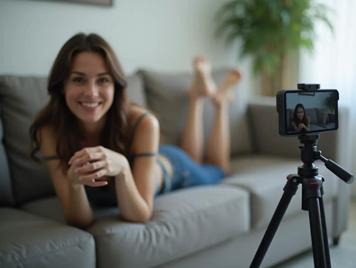 a beautiful woman is lying on the couch in front of a phone mounted on a tripod, blurred background, modern interior