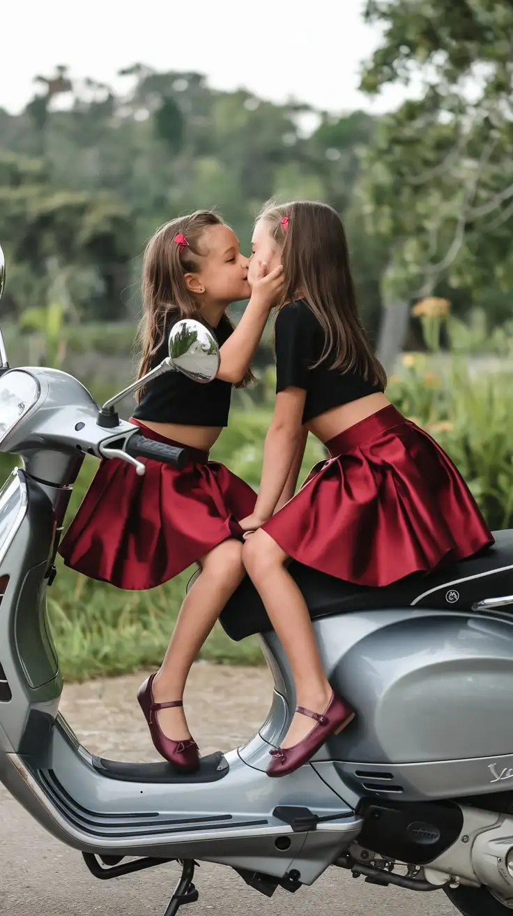 two little young girls wear wine red skirt and black croptop and wine red ballet flats and sitting on a vespa and kiss