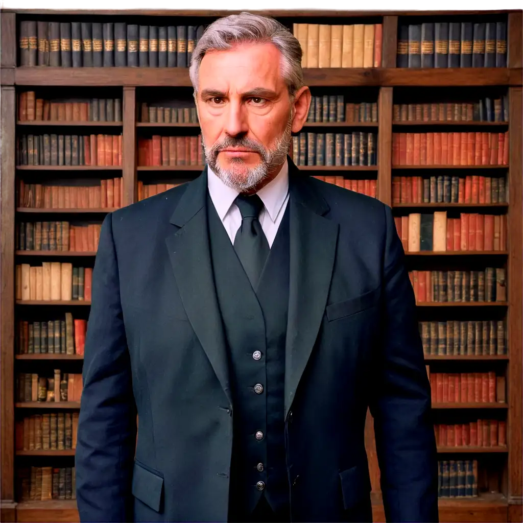 A middle-aged man with short graying hair and a well-groomed beard. Wearing a luxurious black suit with gold details and a heraldic pin on his chest. His grey eyes convey a sense of authority and desperation. In the background, a large study with shelves full of ancient tomes and a lit fireplace. The lighting is soft, with shadows enveloping the face, making it austere and pensive.