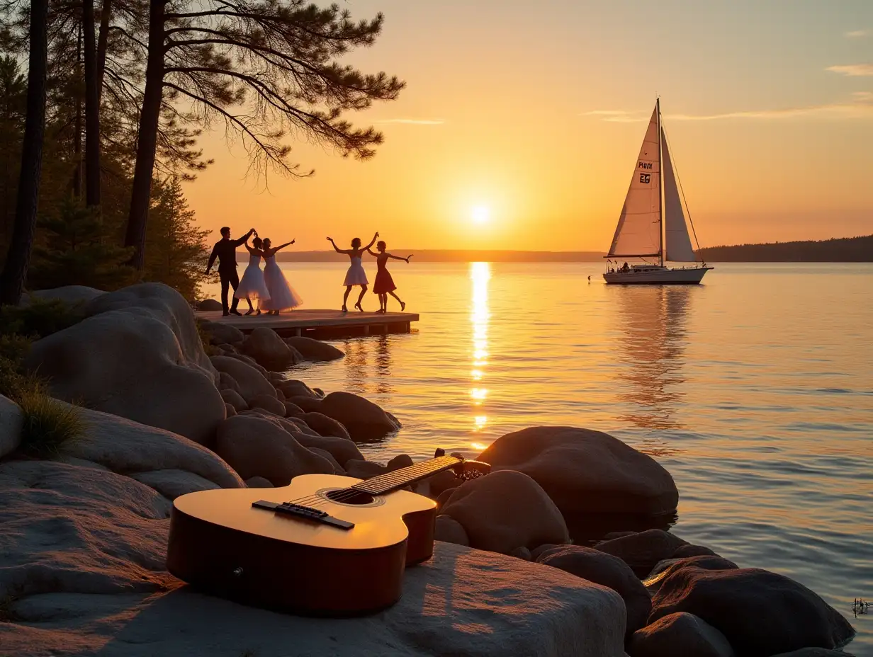 Lake Ladoga, sunset, Stone rocks, islands, Pines, guitar lies on the shore and is illuminated by the sun. A yacht sails on the water. On a stone platform, 5 dancing pairs dance waltz