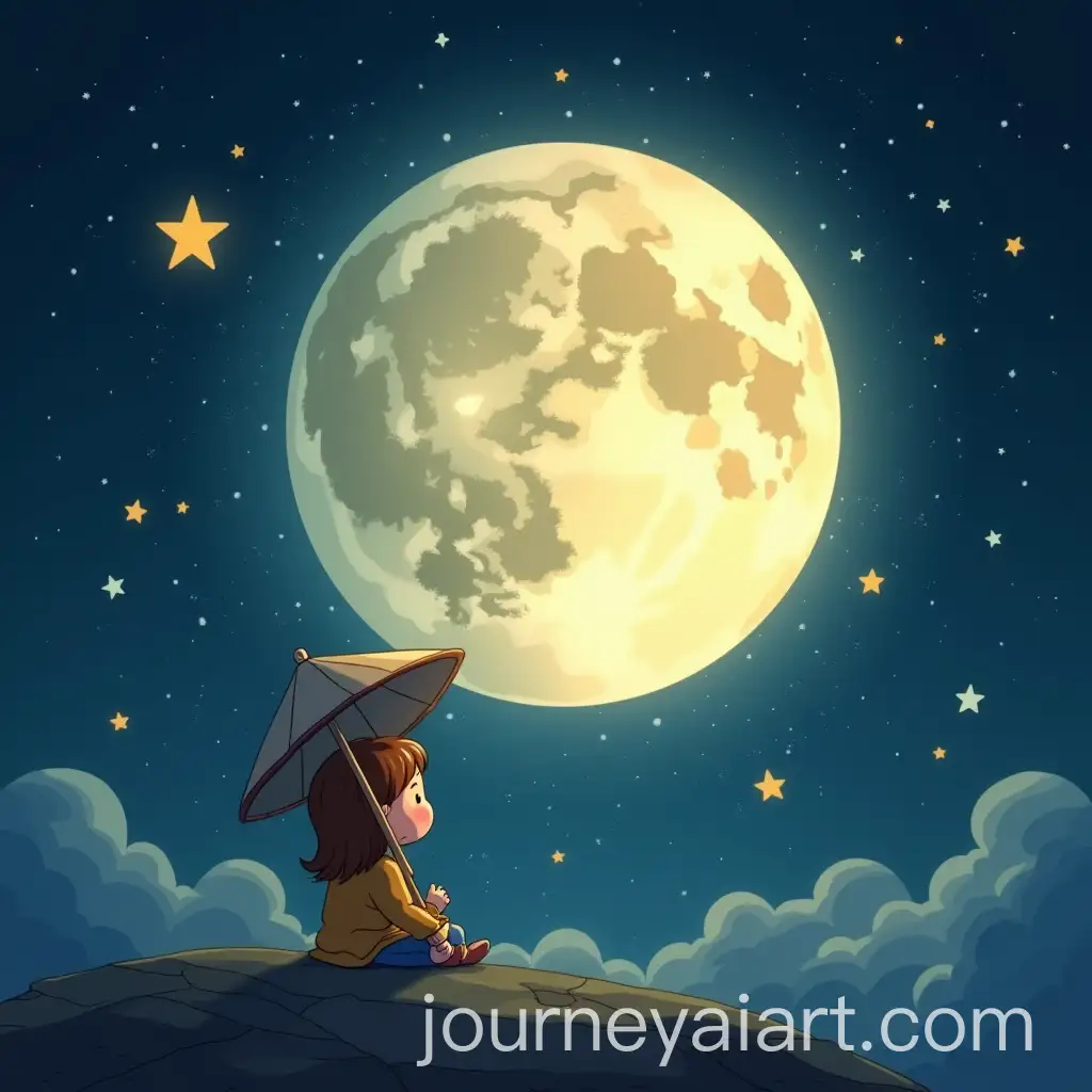 Childrens-Book-Illustration-Full-Moon-in-Space-with-FivePointed-Star