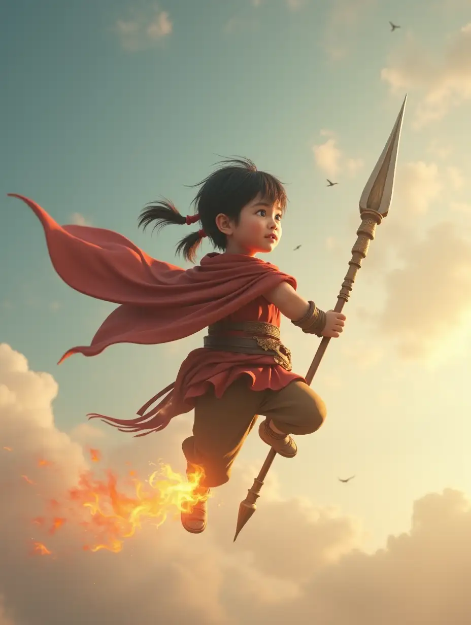 create a hyper realistic cinematic picture, little boy "Nezha", who is flying in sky, Nezha's foot are on fire, and he is holding a spear, he is in front view
