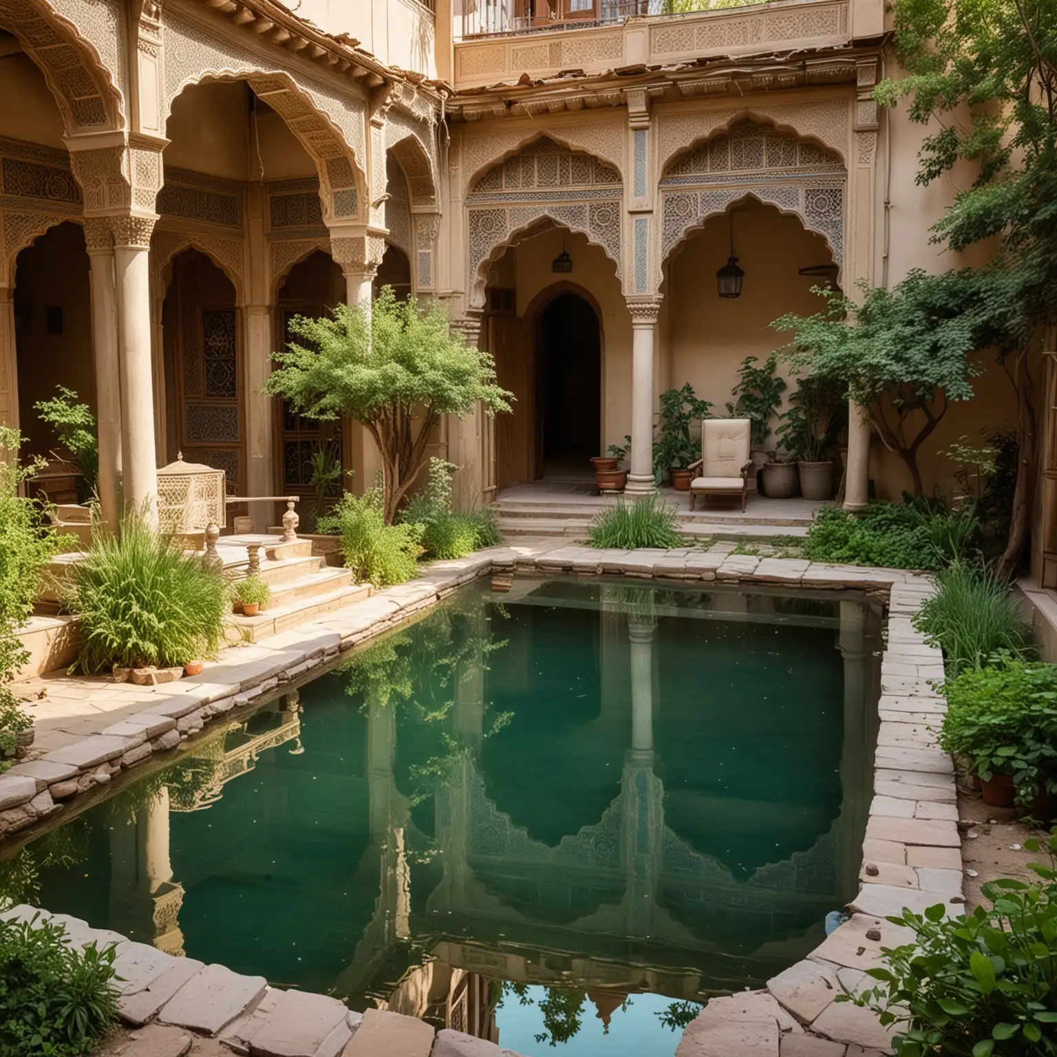 Old-Iranian-House-with-Water-Pond-and-Lush-Garden-Reflecting-Persian-Architecture