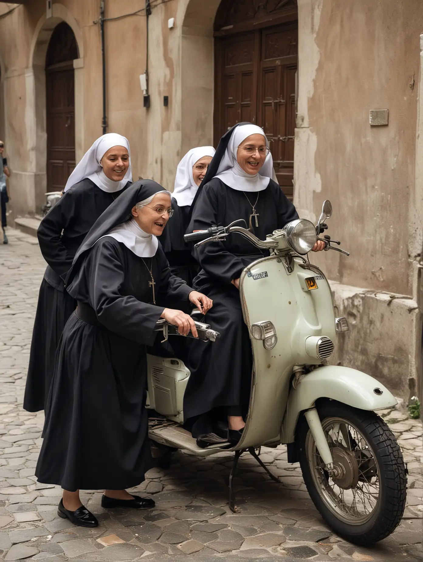 Nuns-Attempting-to-Start-a-Vespino-Motorbike