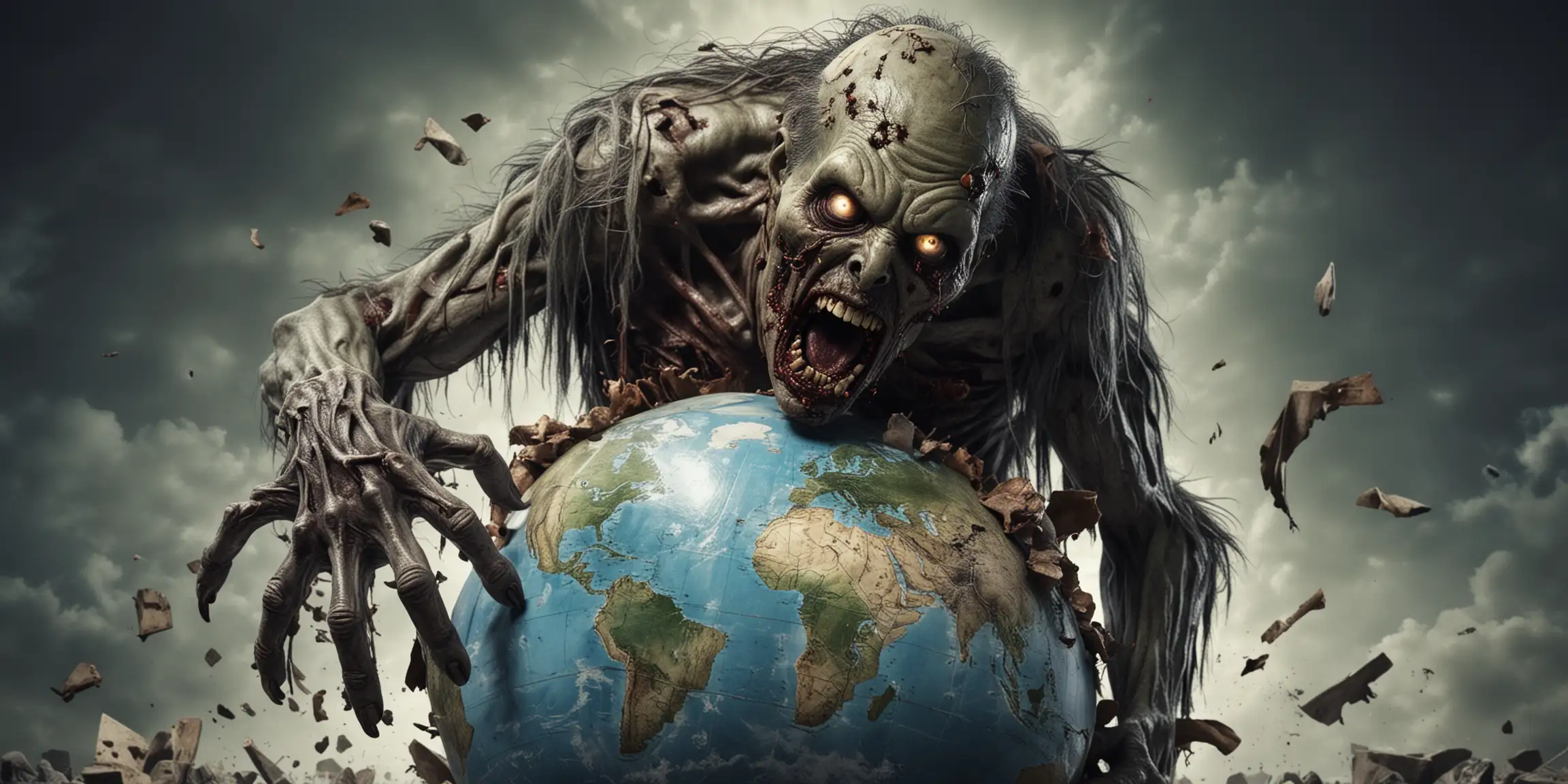 Zombie Monster Terrorizes Globe Panic and Horror Scene