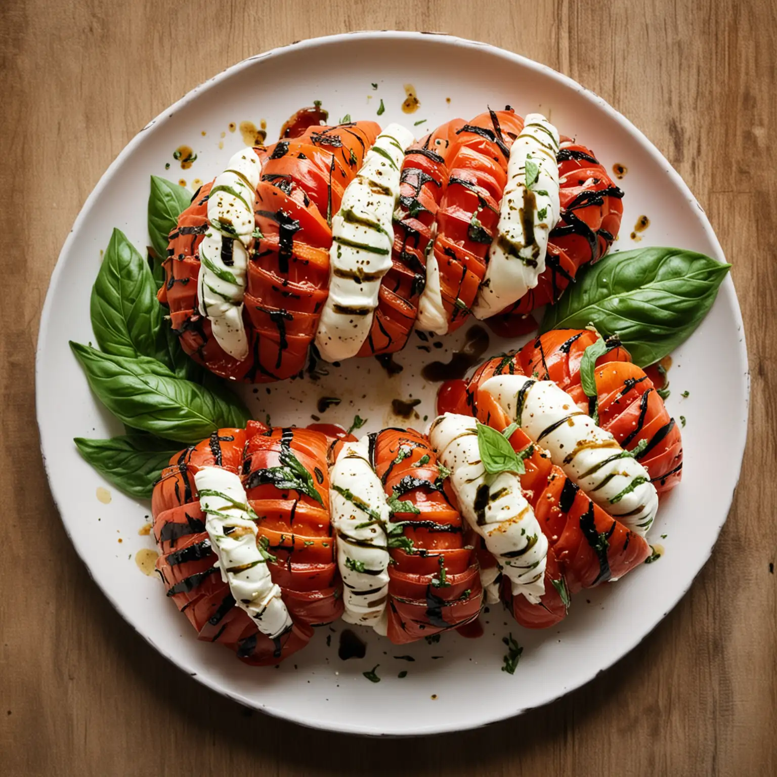 Colorful-Hasselback-Tomato-Caprese-Salad-on-White-Plate