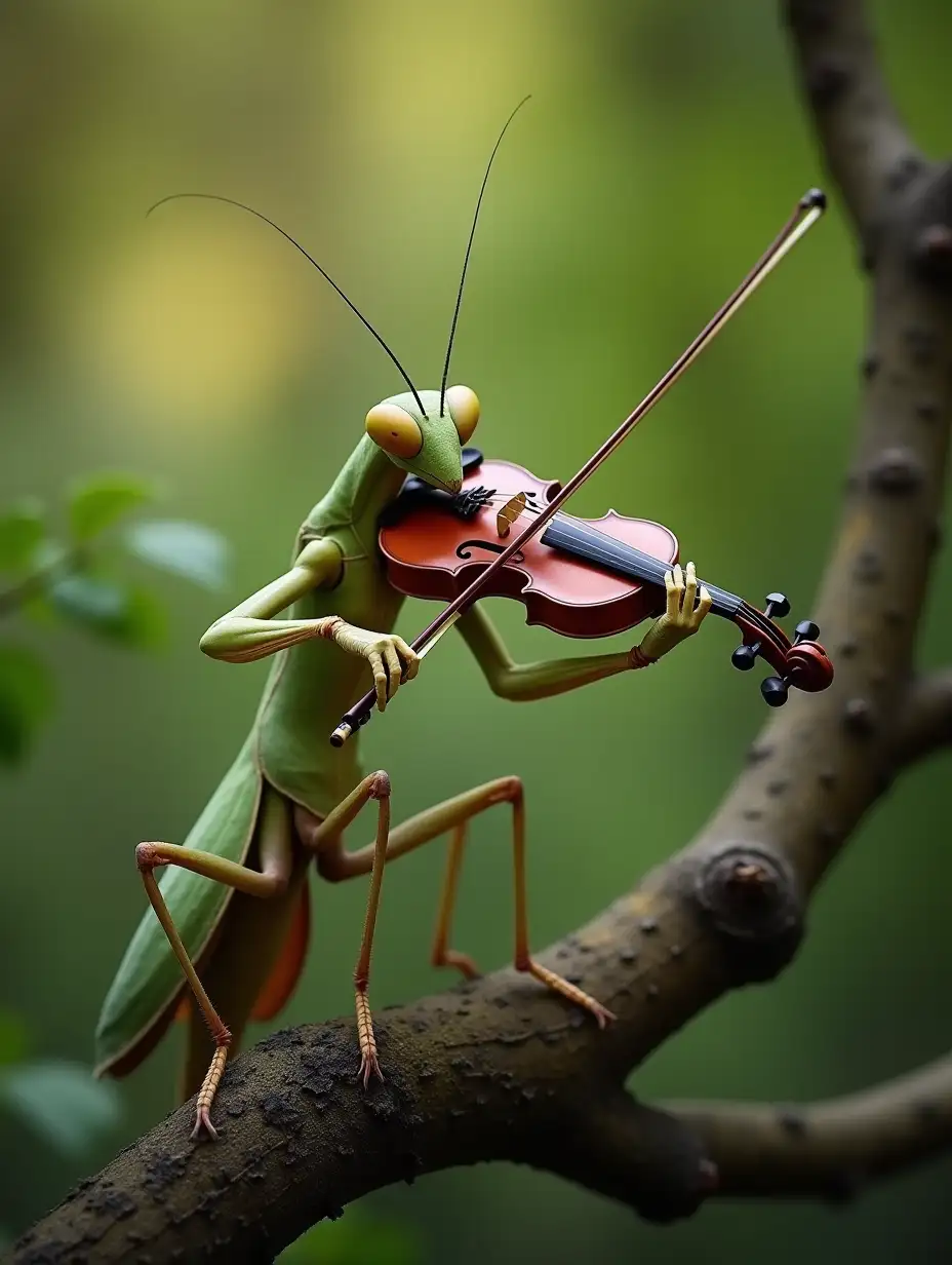 praying mantis sitting in a tree playing the violin