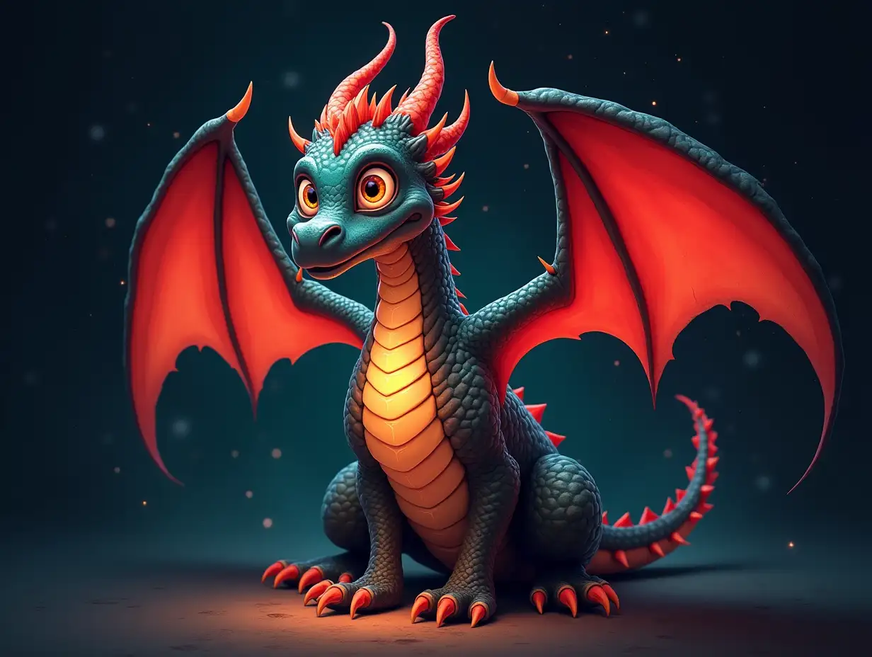 realistic color draw dragon. animated glowing. dark with red and green elements, front view. dark background.