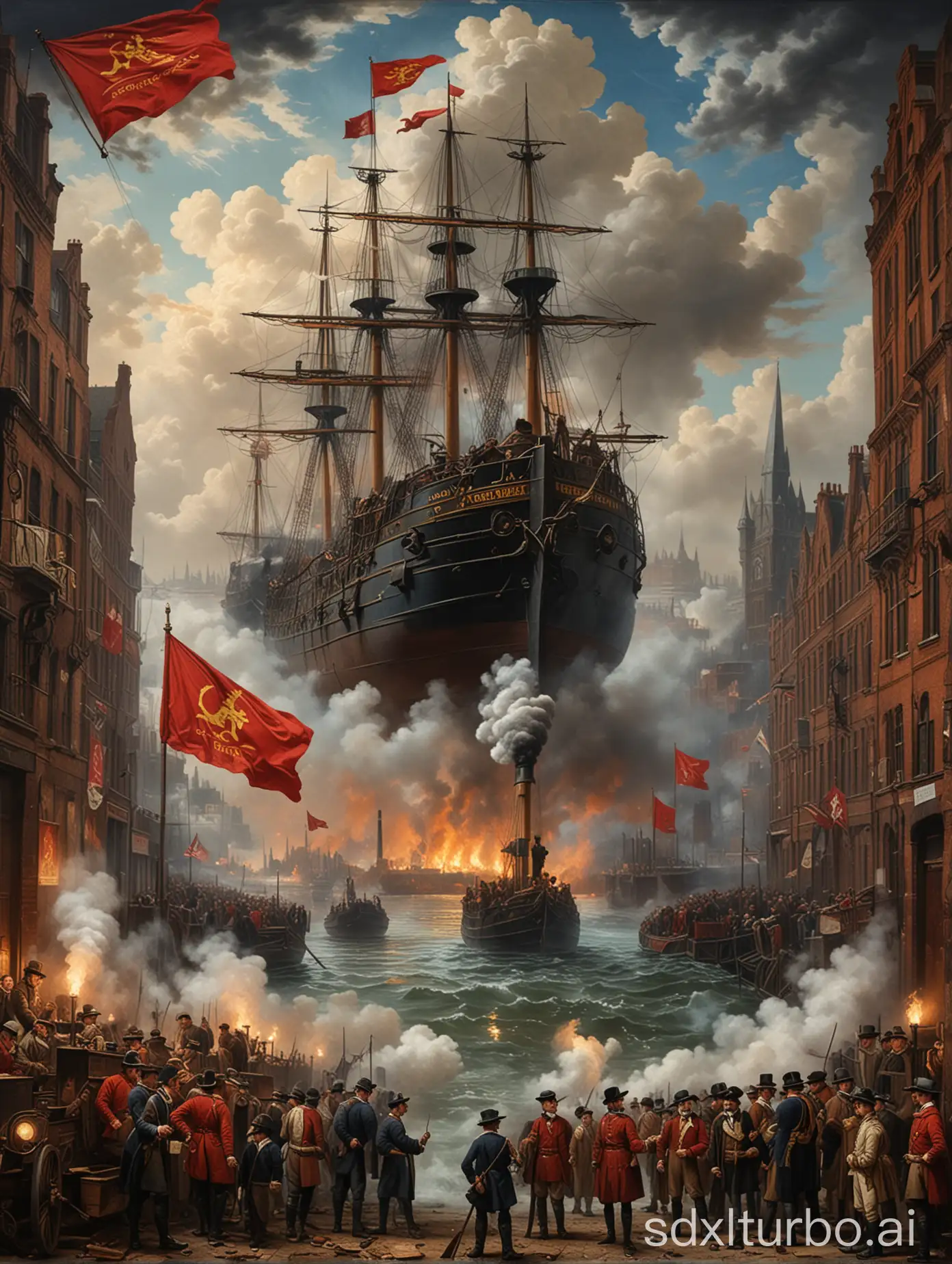 A monumental historical oil painting depicting the Industrial Revolution's duality. Central towering steam engine with piston casting Napoleon's coronation shadow. Left: Victorian stock exchange with capitalists holding 'Wealth of Nations', colonial maps and 'Corn Laws' repeal notices. Right: Child laborers sleeping under textile machines, 'People's Charter' poster fragments, Chartist torchlight procession outside. Background: Thames River pollution, Black Country factories, Liverpool docks with slave ships. Sky: Marx's profile in clouds with 'Communist Manifesto' in eye, comet forming '1848' with European revolution flags. Color palette: Van Dyke brown vs Prussian blue clashes, Venetian red in steam mist. Hidden details: 'Watt-Siemens-Edison' nameplate, East India Company floor mosaic, 'Oliver Twist' book page. Hyper-detailed Bruegel-style composition with Rembrandt chiaroscuro.