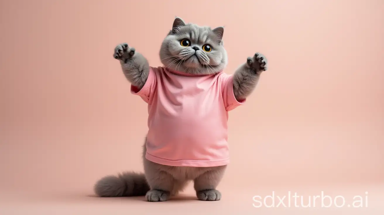 Adorable-Scottish-Fold-Cat-in-Pink-TShirt-Standing-on-Hind-Legs