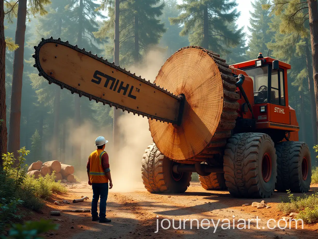 Colossal-Red-Chainsaw-Cutting-Through-Enormous-Log-at-Logging-Site
