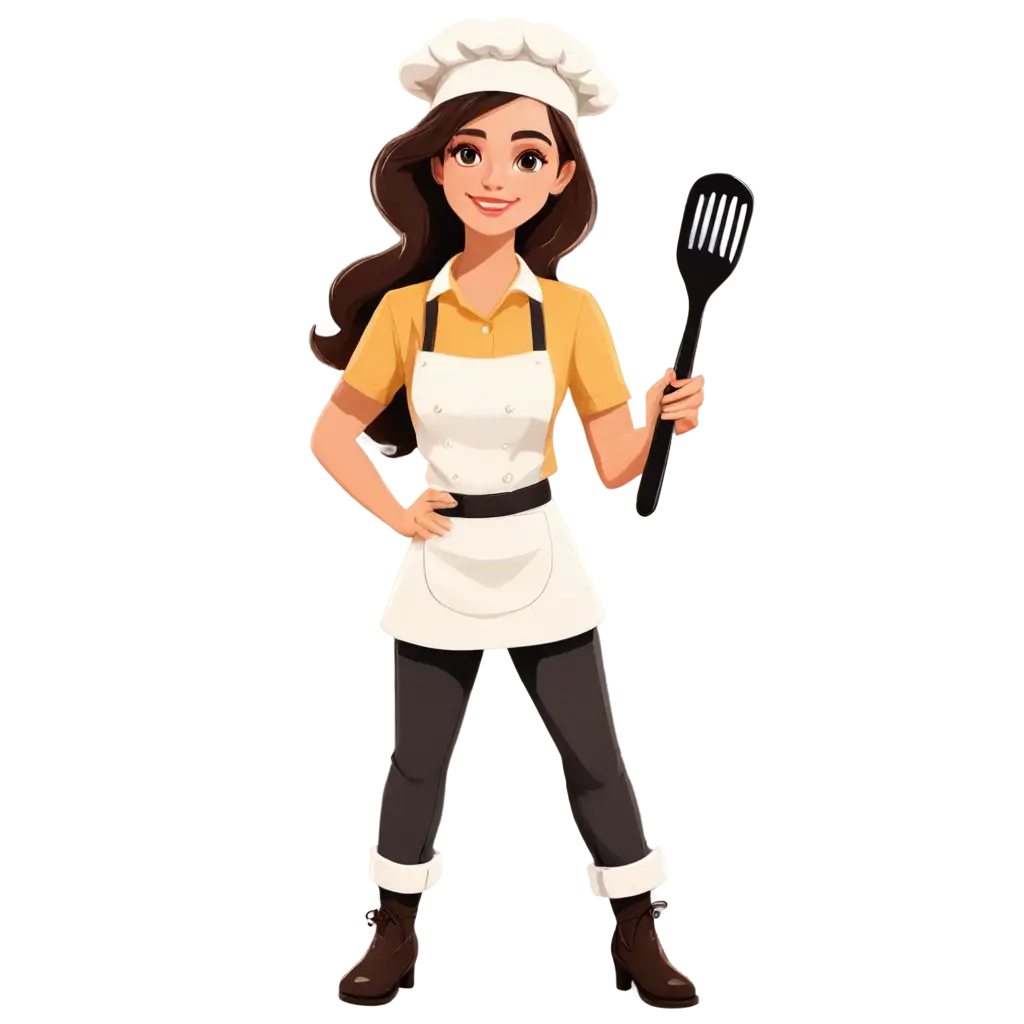 Cute-Chef-Girl-in-Uniform-Holding-a-Black-Steel-Turner-PNG-Image