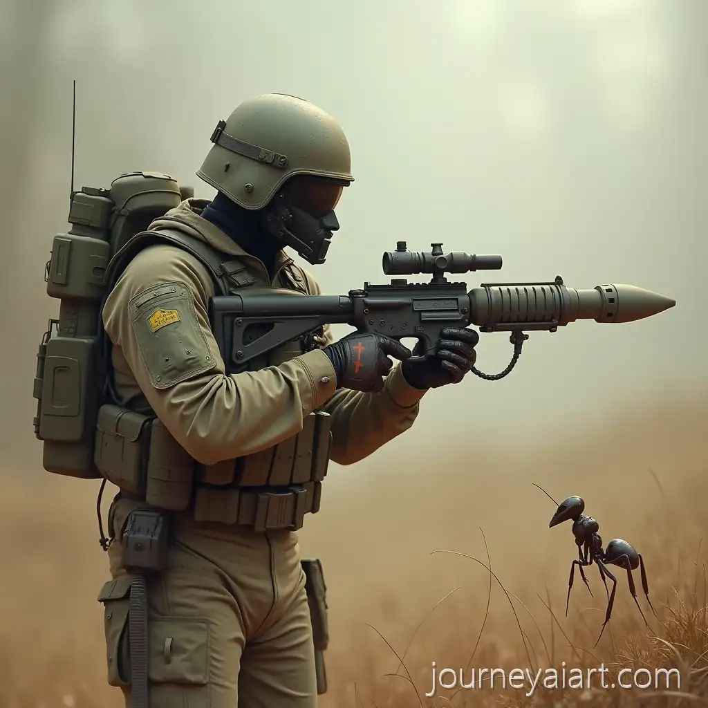 Realistic-Soldier-ASoldier-aiming-at-antiming-Bazooka-at-SmallScale-Ant-in-a-Distant-Battlefield
