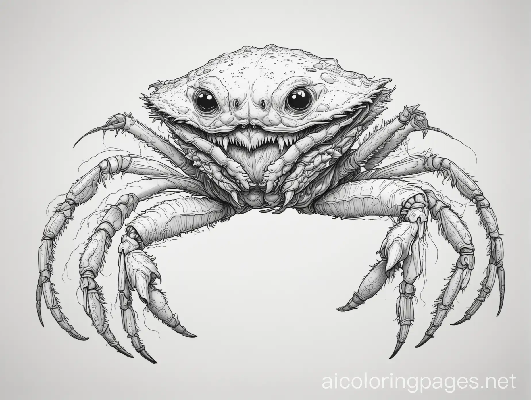 Line art, black on white, human crab monster hybrid , Coloring Page, black and white, line art, white background, Simplicity, Ample White Space. The background of the coloring page is plain white to make it easy for young children to color within the lines. The outlines of all the subjects are easy to distinguish, making it simple for kids to color without too much difficulty