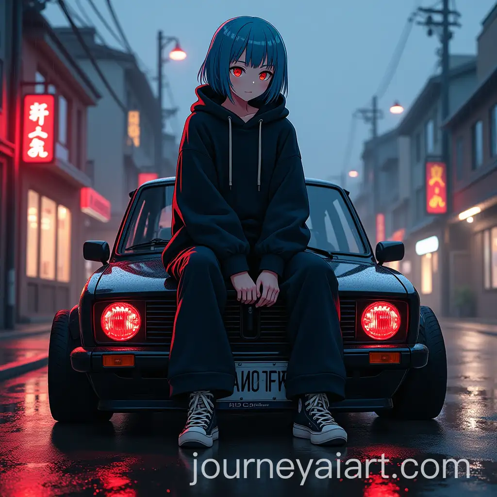 Anime-Girl-Sitting-on-Modified-LADA-VAZ-2107-in-Stylized-Urban-Street-Scene