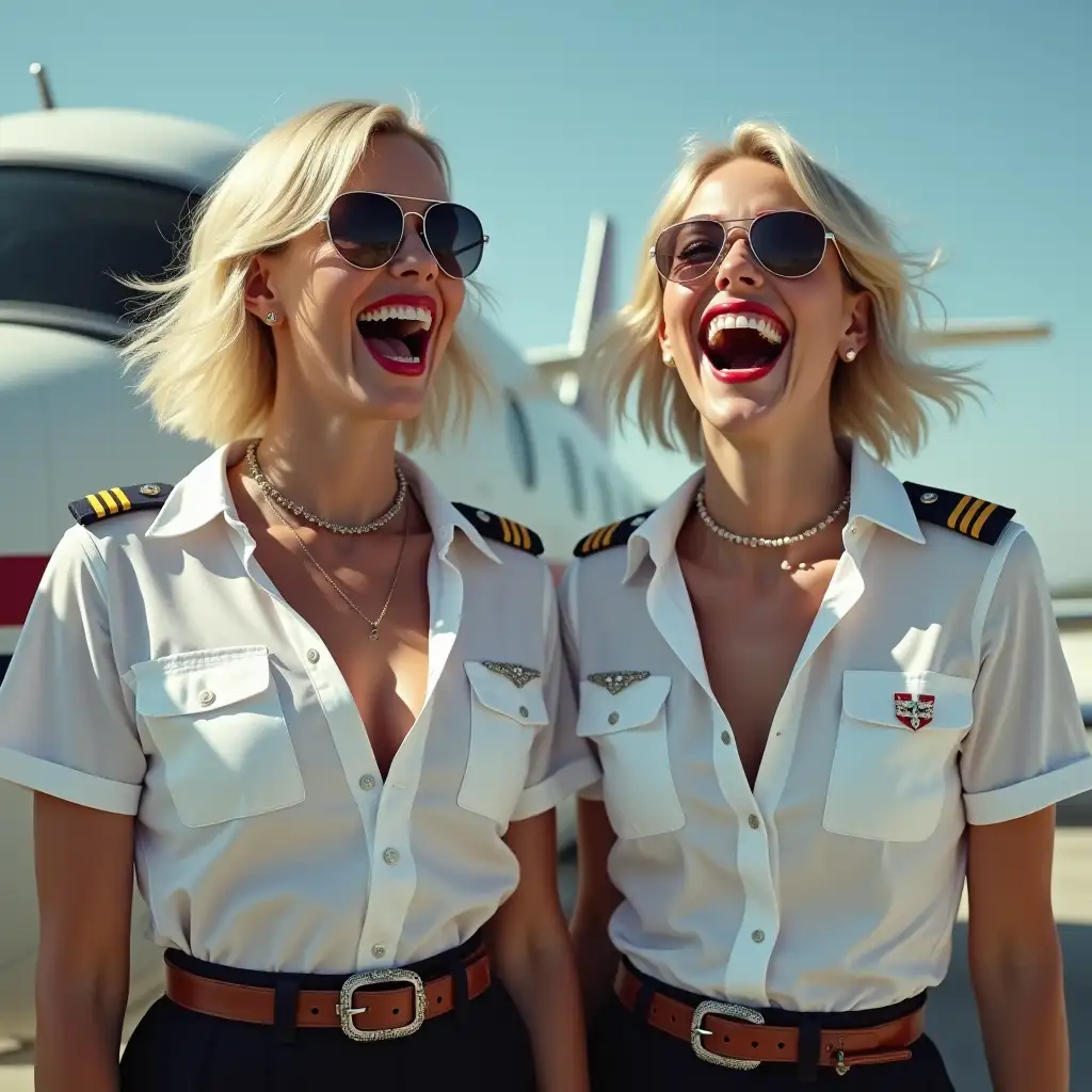 two white Norwegian lady, in white deep-necked pilot uniform button shirt, laughing with her mouth open, red lipstick accentuating her smile,belt on waist, big wide hips, chest are fully grown, jewelry, short hair, HD, screaming at plane, photo-realism