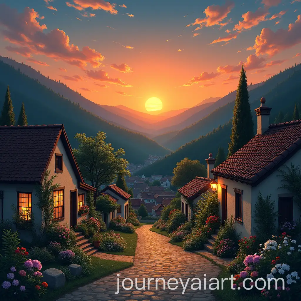Peaceful-Evening-in-a-Quaint-Village-with-Blooming-Gardens