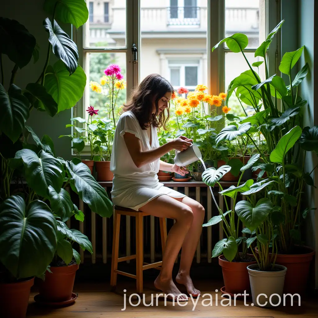 Woman-Watering-Plants-with-HumanLike-Veins-in-Calming-Botanical-Setting