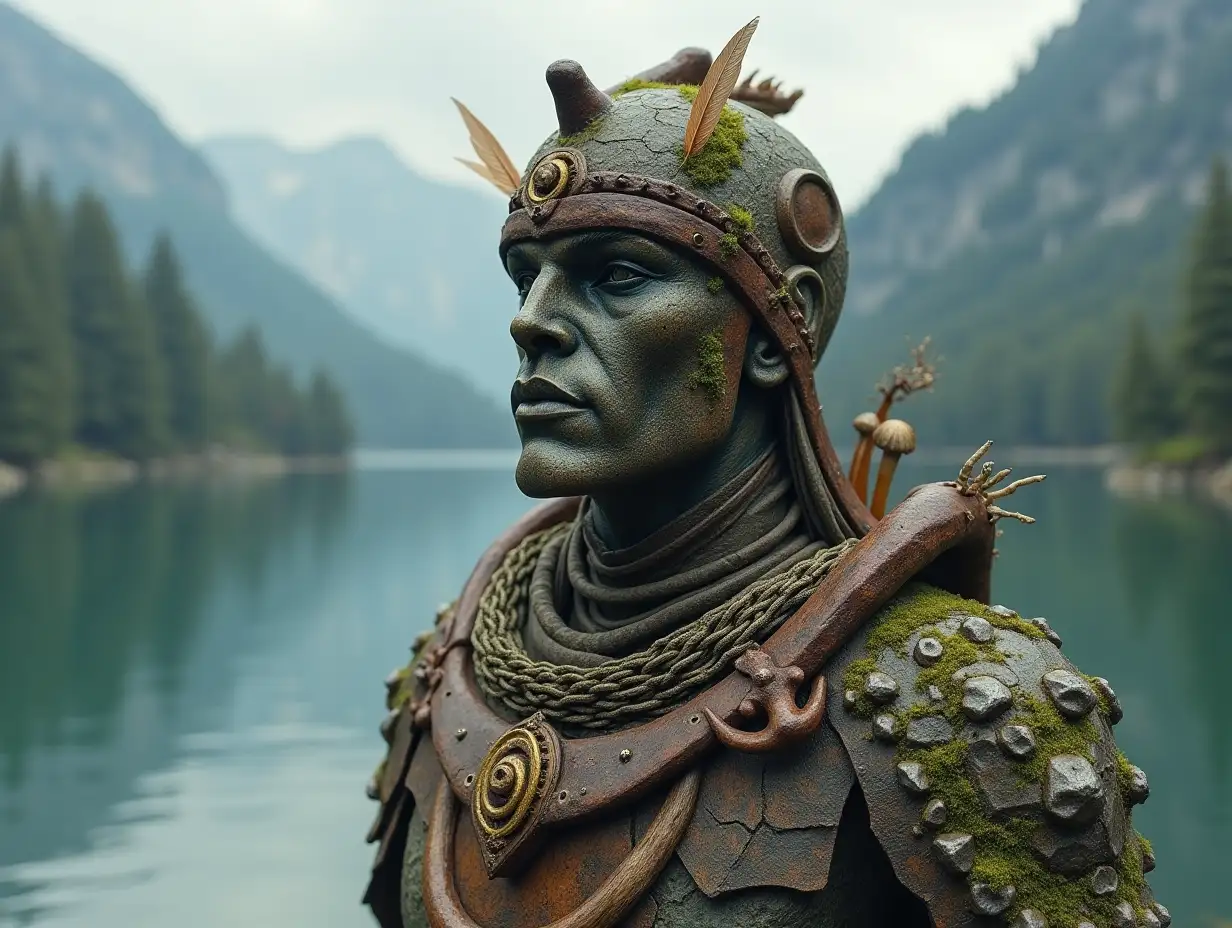 Head with helmet, stones, mushrooms, roots, bones with full body armor in building transformed at the lake full body feathers on a rock 4K resolution