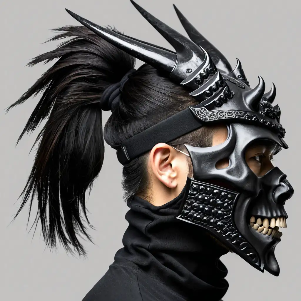 Portrait Photograph of Buff Japanese Man in Skull Samurai Mask