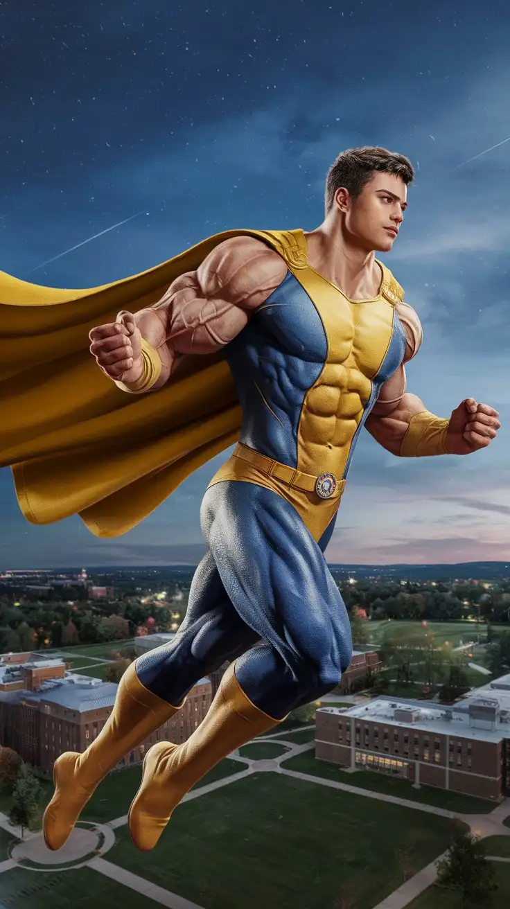 A powerfully muscled, hugely ripped, pumped musclegod superhero flies through the night sky over a college campus. 23 years old. Photorealistic.