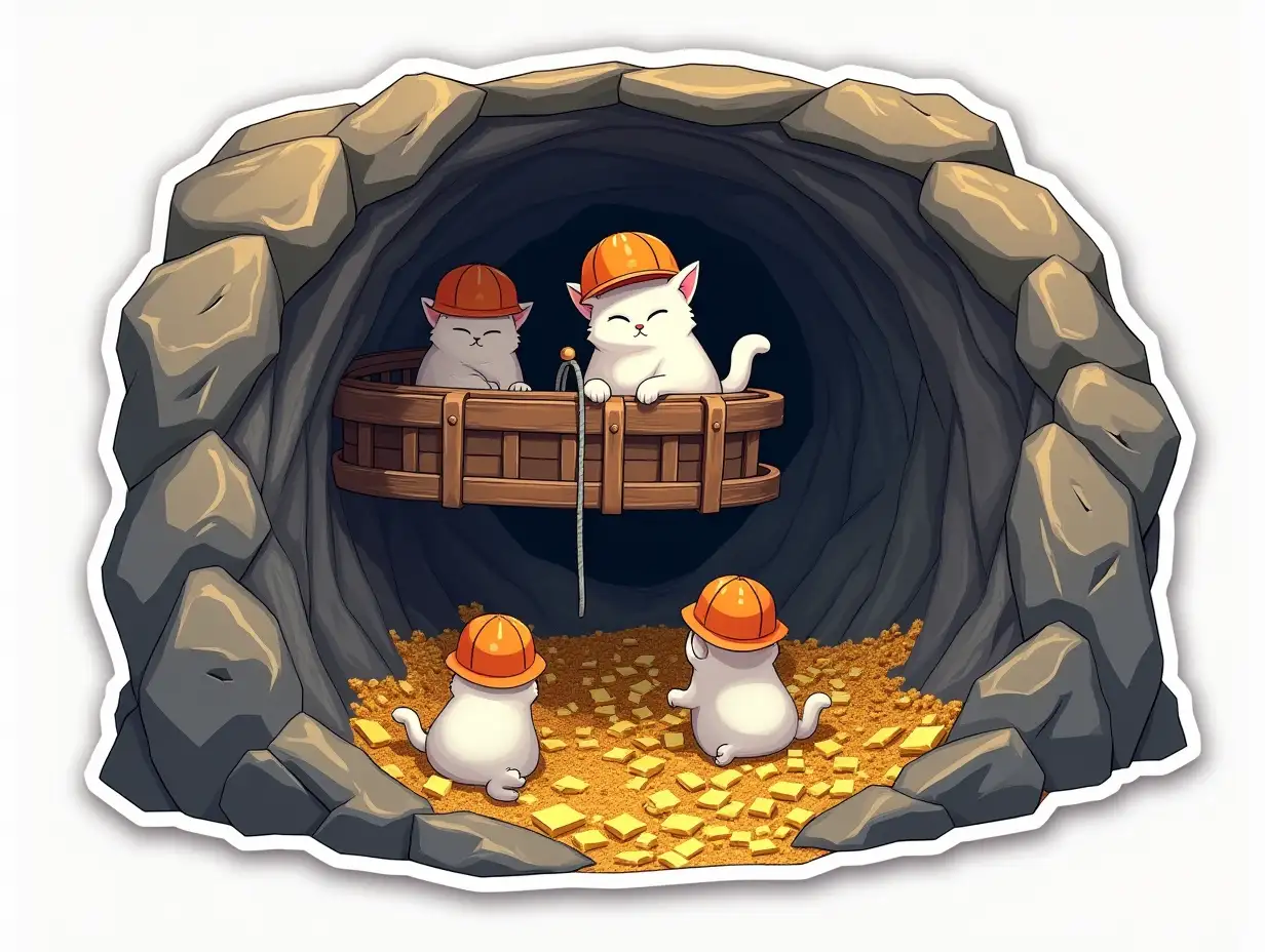 A curvilarly cut sticker depicting a mine lift in the section of an underground mine in a stone cliff. Little white miners, cats in orange hard hats, go down to mining trolleys loaded with ingots of iridescent gold.  cut sticker design, high resolution, white background, paint in anime style