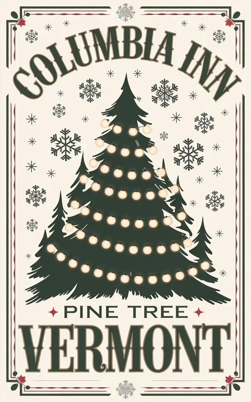 Design a vintage-inspired Christmas mug that pays homage to the Columbia Inn in Pine Tree, Vermont, evoking the charm of a classic Christmas setting. The design should feature a white background with elements that are festive, cozy, and timeless, perfect for fans of nostalgic holiday traditions.

Central Features:
Text Design:

Prominently display the words:
“Columbia Inn
Pine Tree, Vermont”
Use an elegant, hand-lettered font, slightly distressed for a vintage effect. The text should have a deep forest green color, bordered with subtle red or gold accents to enhance the holiday aesthetic.
Pine Tree Motif:

Include a stylized pine tree or forest in the design. The tree(s) should look lush and snow-dusted, with subtle highlights of white and icy blue to suggest a wintery scene. Position the tree centrally below the text or frame the text with small trees on either side.
Christmas Details:

Add festive touches such as:
Strings of glowing Christmas lights wrapped around the trees.
A small wreath or holly berries incorporated into the typography.
Falling snowflakes surrounding the text and trees for a magical feel.
Background & Style:
White Ceramic Mug: Ensure the design contrasts beautifully against the white ceramic base, emphasizing simplicity and elegance.
Vintage-Inspired Aesthetic: Use muted tones and soft textures to create a warm, timeless feel.
Additional Elements:
Optionally include a small log cabin (representing the inn) in the background, nestled among the trees, with smoke rising from the chimney.
Add a festive slogan or tagline at the bottom, such as:
“Where Holiday Dreams Come True”
Use a smaller, complementary font to keep the design balanced.
Color Palette:
Forest Green for the primary text and tree elements.
Snow White for accents and snowflakes.
Warm Red and Gold for decorative details like holly or lights.
Icy Blue for subtle shading on snow.
This design should evoke nostalgia and warmth, capturing the essence of a peaceful Christmas in Vermont!
