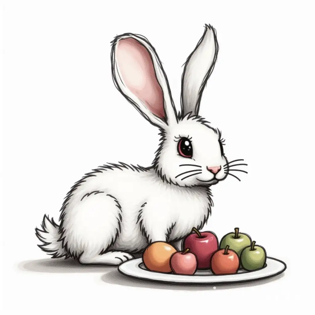 Sketch-of-a-Rabbit-Sitting-in-Front-of-a-Plate-of-Fruits