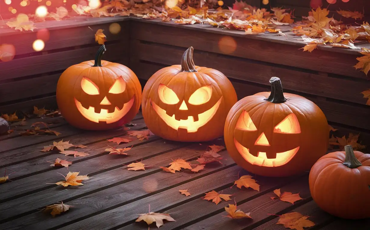 A festive Halloween setup with three Jack-o'-Lanterns glowing brightly on a wooden deck. The pumpkins are surrounded by fallen autumn leaves and a few candles, creating a warm and inviting atmosphere. The background features bokeh lights that add a touch of magic to the scene.