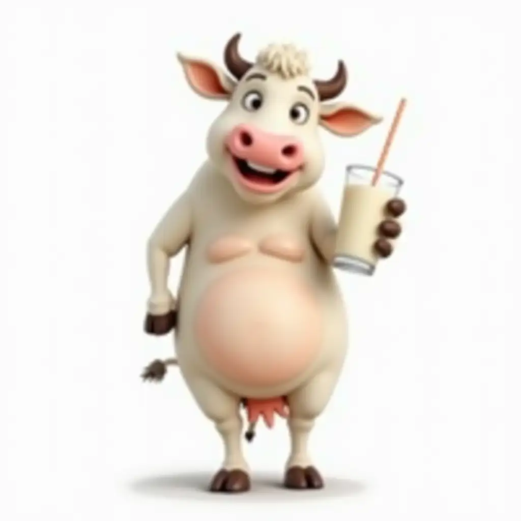 image of a realistic, friendly-looking cow character standing upright, holding a glass of milk in a happy