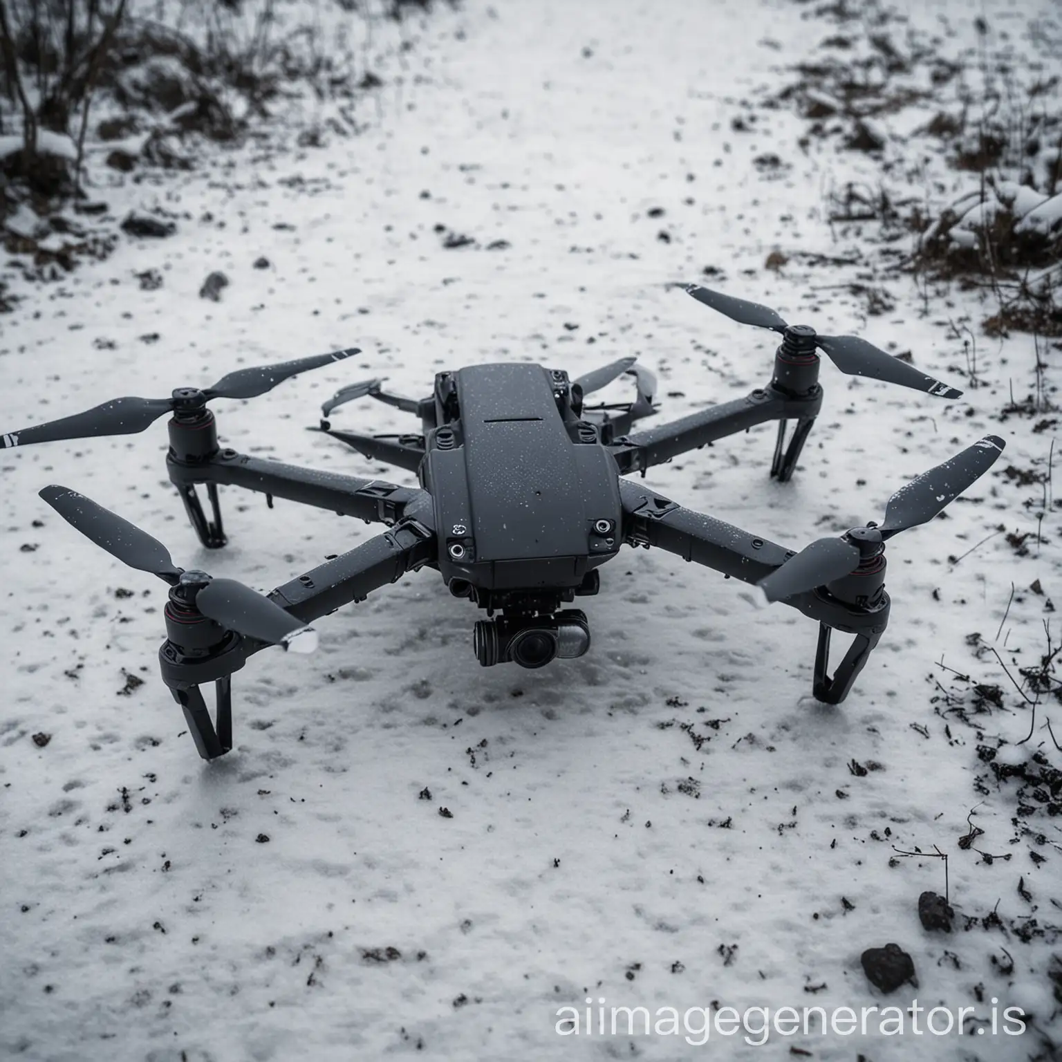 Overall dark tone   A black quadcopter drone works in snowy and rainy weather