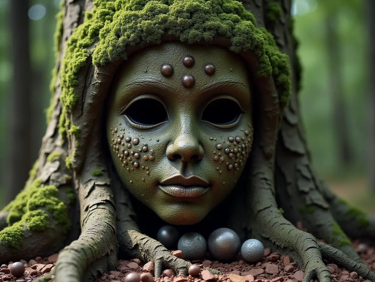 Face with steel balls on tree roots transformed into a building, 50mm shot